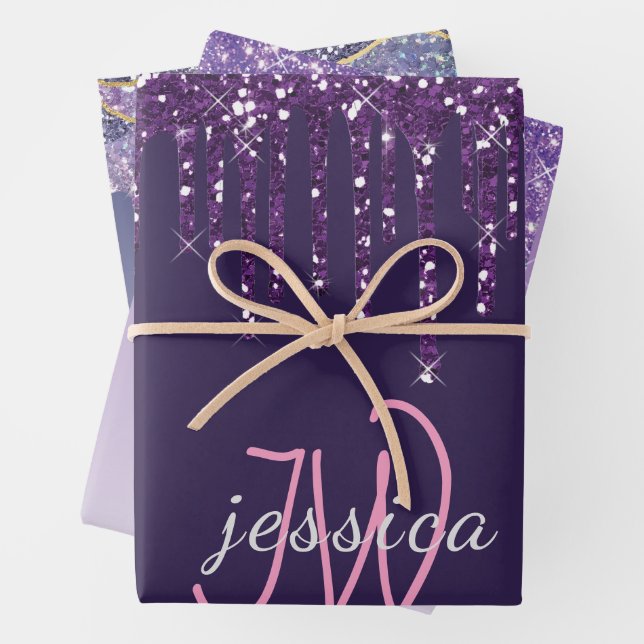 3 Colour Chic Monogram Girly  Purple Glitter Drips Wrapping Paper Sheet (In situ)