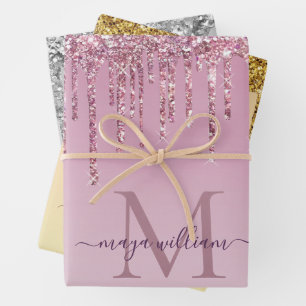 3 Colour Glitter Drips Personalised Monogram Name  Wrapping Paper Sheet