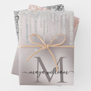3 Colour Glitter Drips Personalised Monogram Name  Wrapping Paper Sheet
