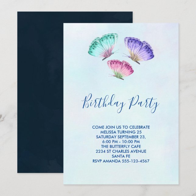 3 Colourful Pastel Watercolor Butterflies Birthday Invitation (Front/Back)