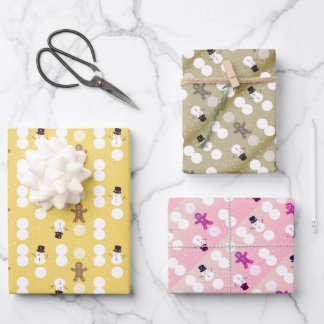 3 colours of snowman and gingerbread wrapping pape paper sheet