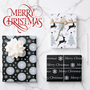 3 Coordinating Black White Christmas Snowflake Wrapping Paper Sheet