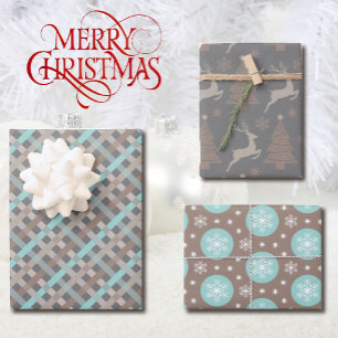 3 Coordinating Christmas Taupe Grey Turquoise Wrapping Paper Sheet