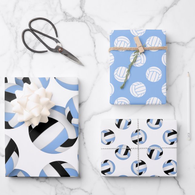 3 coordinating light blue black volleyballs wrapping paper sheet (Front)