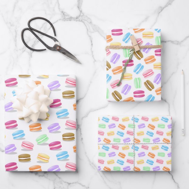 3 coordinating patterns colourful macarons wrapping paper sheet (Front)