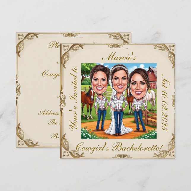 3 Cowgirl Bridal caricatures on the farm Invitation (Front/Back)