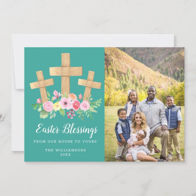 3 Crosses Floral Easter Blessings Photo Holiday Card (Front)