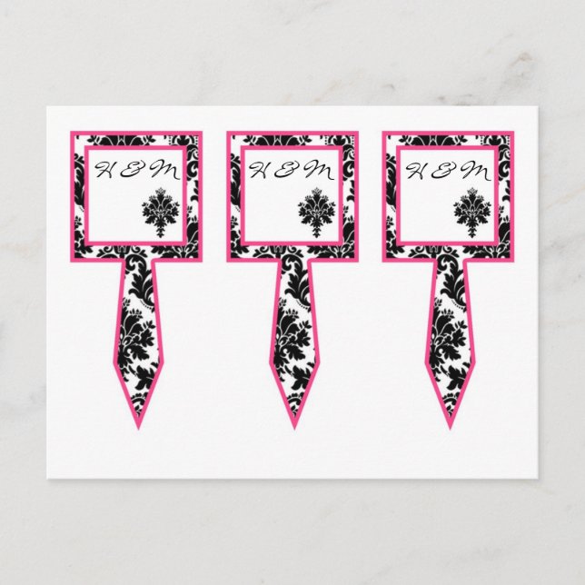 3 Cup Cake Picks Black Hot Pink Damask Lace Print Postcard (Front)