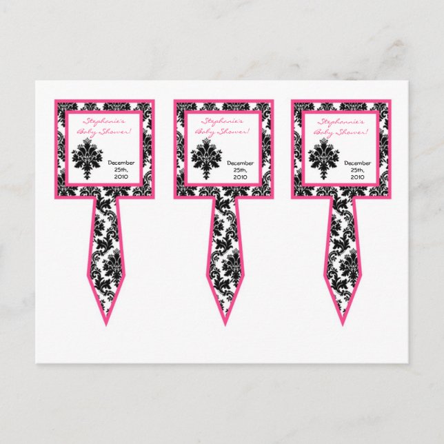 3 Cup Cake Picks Hot Pink Black Damask Invitation Postcard (Front)