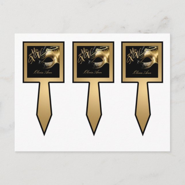 3 Cup Cake Picks Mis XV Gold Black Party Invitation Postcard (Front)