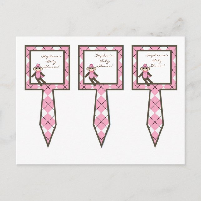 3 Cup Cake Picks Pink Argyle Sock Monkey Invitation Postcard (Front)