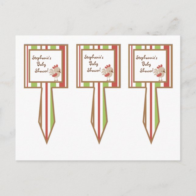 3 Cup Cake Picks Red Barn Farm Rooster Invitation Postcard (Front)