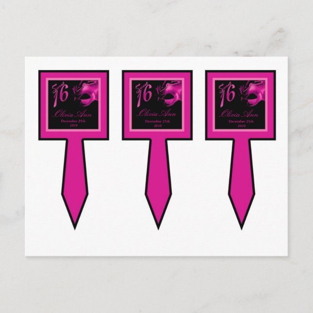 3 Cup Cake Picks Sweet 16 Hot Pink Black Party Invitation Postcard (Front)