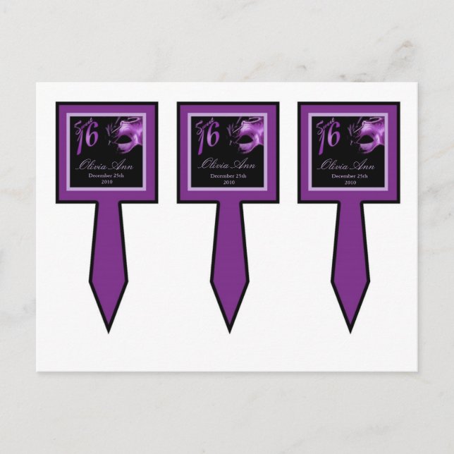 3 Cup Cake Picks Sweet 16 Purple Lilac Black Party Invitation Postcard (Front)