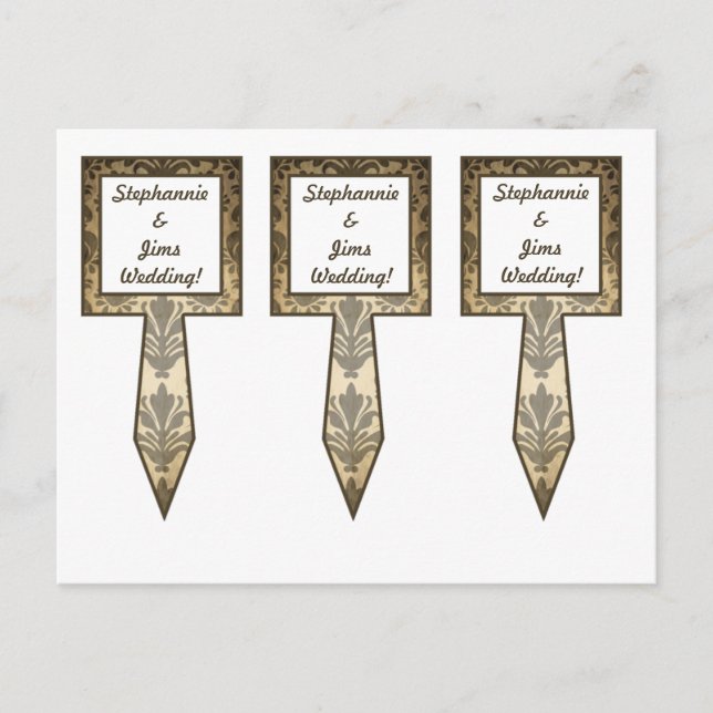 3 Cup Cake Picks Vintage Brown Damask Postcard (Front)