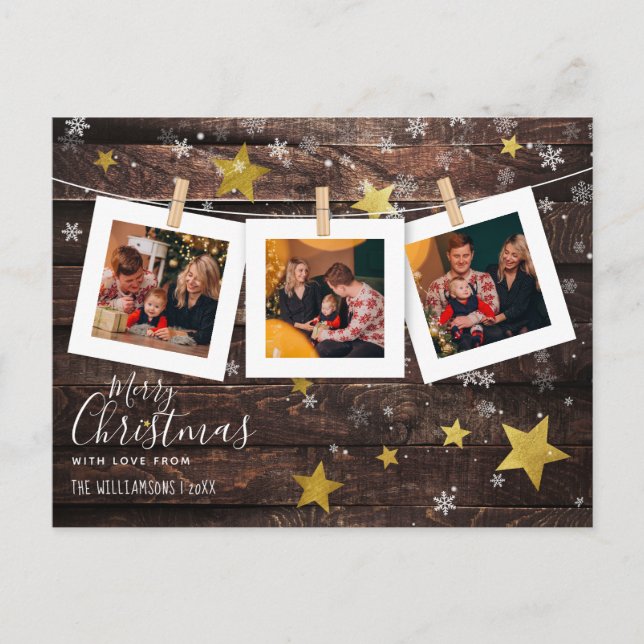 3 Custom Christmas Photo Pegs Rustic Wood & Stars Holiday Postcard (Front)