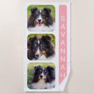 3 Custom Photos Collage Template With Name On Pink Beach Towel