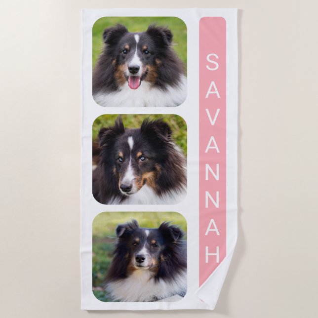 3 Custom Photos Collage Template With Name On Pink Beach Towel (Front)