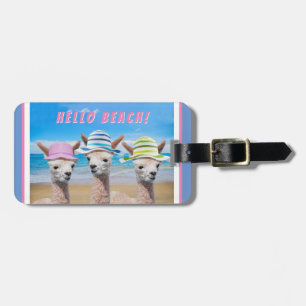 3 Cute Alpacas In Sun Hats at Beach Personalise Luggage Tag