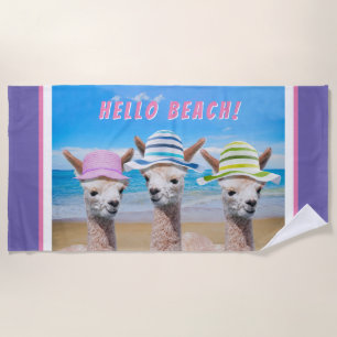 3 Cute Alpacas In Sun Hats, Personalise Periwinkle Beach Towel