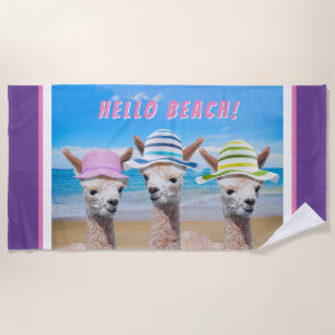 3 Cute Alpacas In Sun Hats, Personalise, Purple Beach Towel