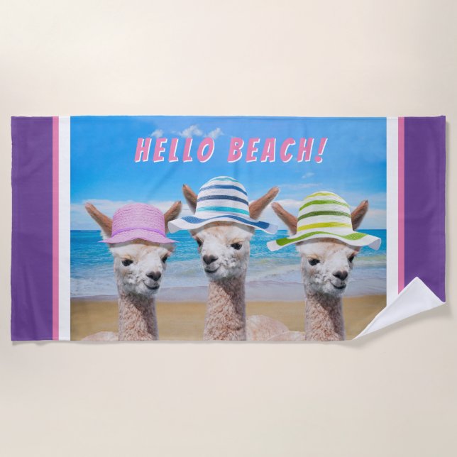 3 Cute Alpacas In Sun Hats, Personalise, Purple Beach Towel (Front)