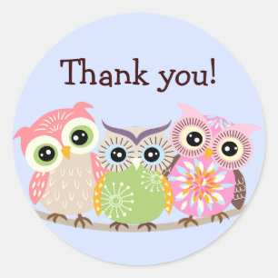 3 Cute and Colourful Owls Thank You Stickers