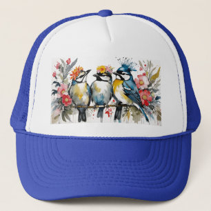 3 Cute Birds Chatting on a Branch in Flower Crowns Trucker Hat