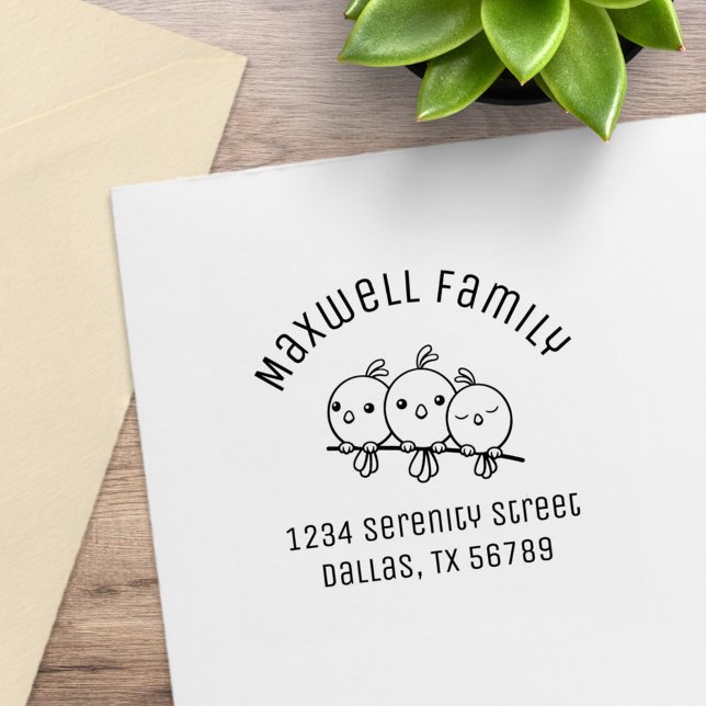 3 Cute Cartoon Birds Arched Family Address Rubber Stamp (Creator Uploaded)