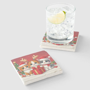 3 Cute Christmas cats illustration Stone Coaster