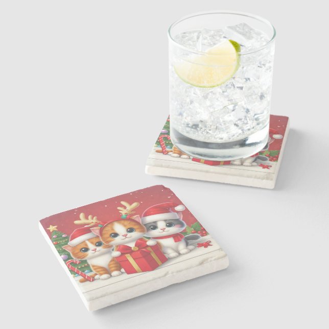 3 Cute Christmas cats illustration Stone Coaster (Side)