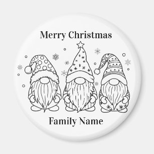 3 Cute Christmas Gnomes Line Art Outline Black Whi Magnet