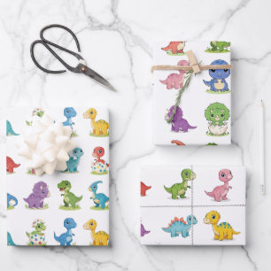 3 Cute Colourful Dino Pattern Birthday Wrap Sheets