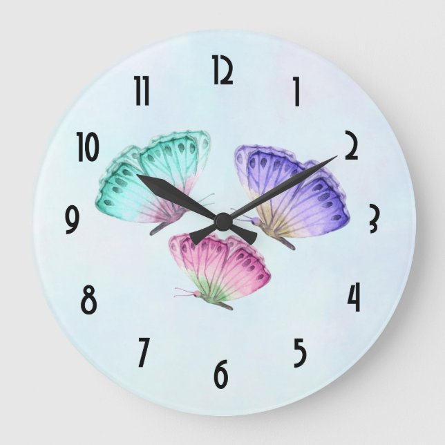 3 Cute Colourful Pastel Watercolor Butterflies Large Clock (Front)