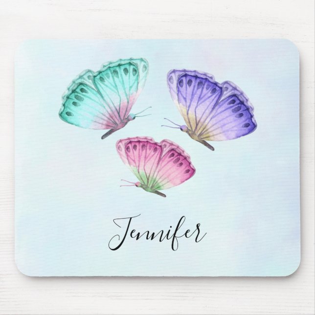 3 Cute Colourful Pastel Watercolor Butterflies Mouse Mat (Front)