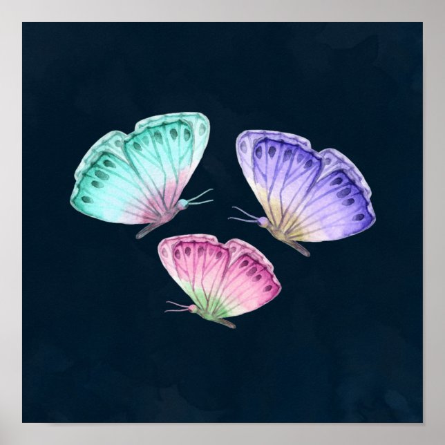 3 Cute Colourful Pastel Watercolor Butterflies Poster (Front)
