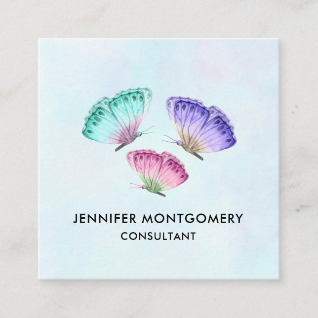 3 Cute Colourful Pastel Watercolor Butterflies Square Business Card (Front)