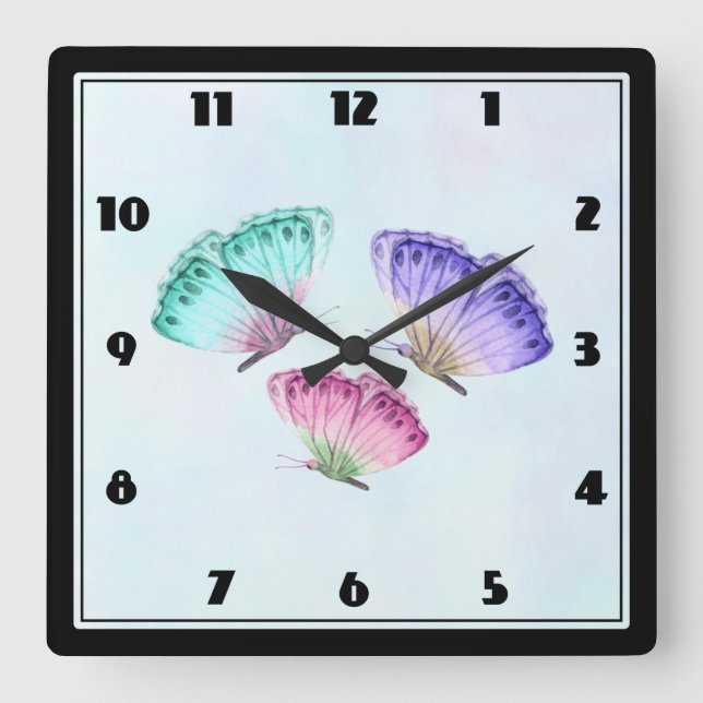 3 Cute Colourful Pastel Watercolor Butterflies Square Wall Clock (Front)