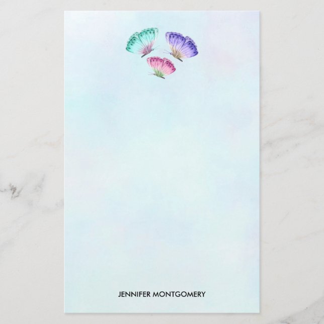 3 Cute Colourful Pastel Watercolor Butterflies Stationery (Front)