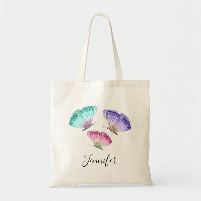 3 Cute Colourful Pastel Watercolor Butterflies Tote Bag (Front)
