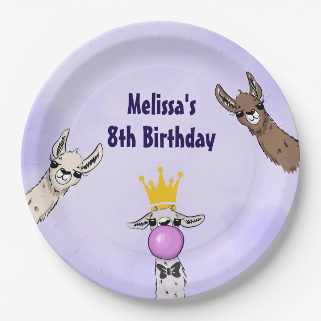 3 Cute Llama Faces Cartoon Illustration Birthday Paper Plate (Front)