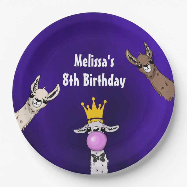 3 Cute Llama Faces Cartoon Illustration Birthday Paper Plate (Front)