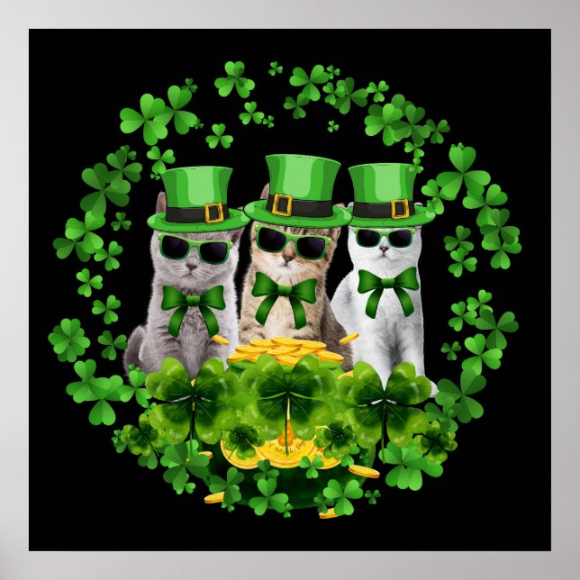 3 Cute Three Cats St Patrick Gift Kitty Irish Poster (Front)