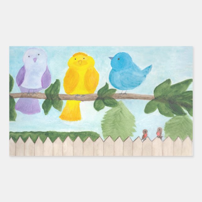 3 Cute Whimsical Colourful Birds Rectangular Sticker (Front)