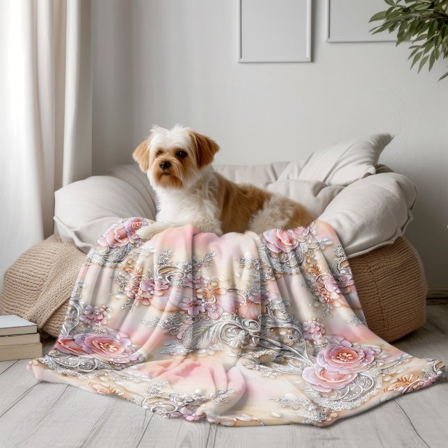 3-D bedazzled silver and pink roses Pattern Fleece Blanket (Creator Uploaded)