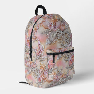 3-D bedazzled silver and pink roses Pattern Printed Backpack
