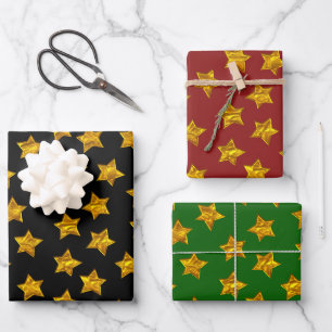 3-D Golden Stars on Christmas Colour Gift Wrapping Paper Sheet