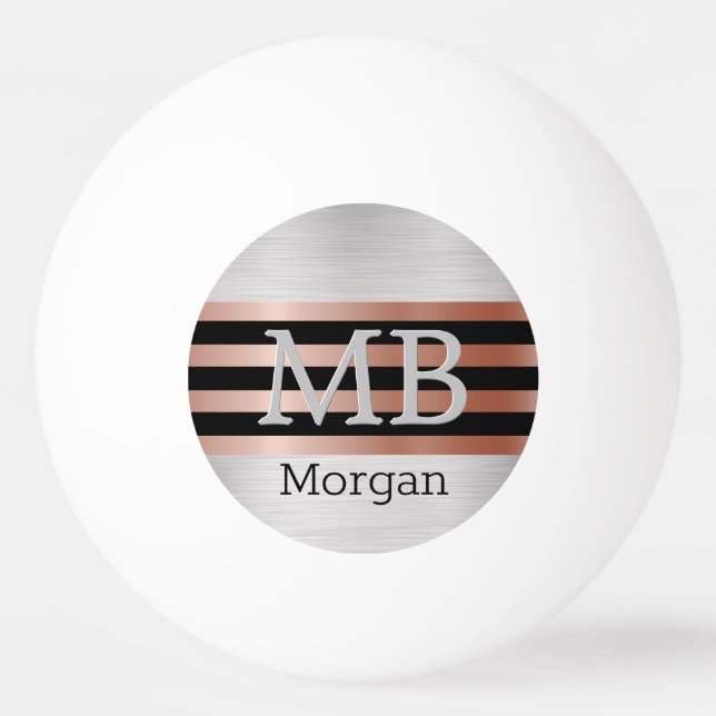 3-D Monogram/Name Bk/Rose Gold Stripes on Silver Ping Pong Ball (Front)