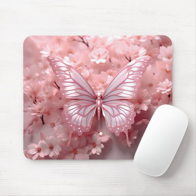 3-D Pink Butterfly On Flowers Mouse Mat (With Mouse)