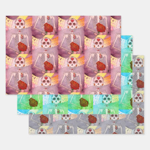 3 Day of the Dead Bride Watercolor Skeleton Wrapping Paper Sheet